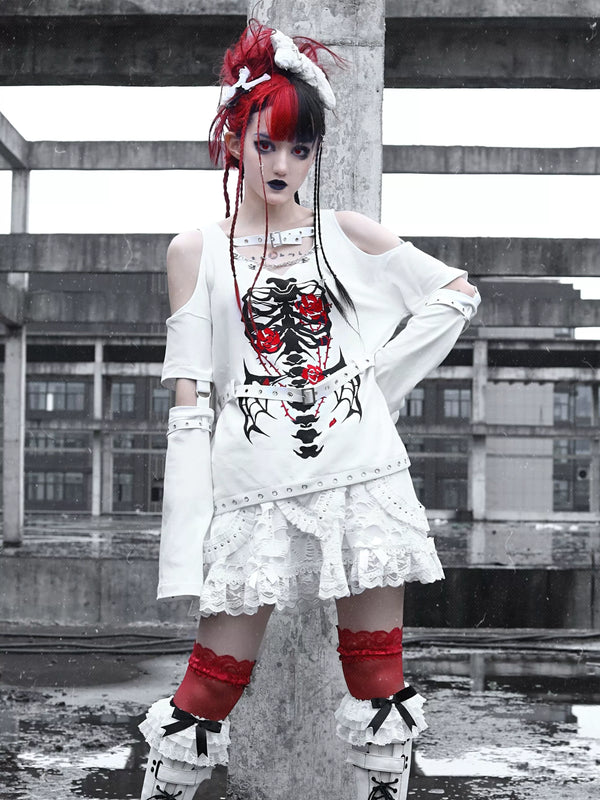 ダークストラップチェーンスプリットスリーブニットTシャツトップス