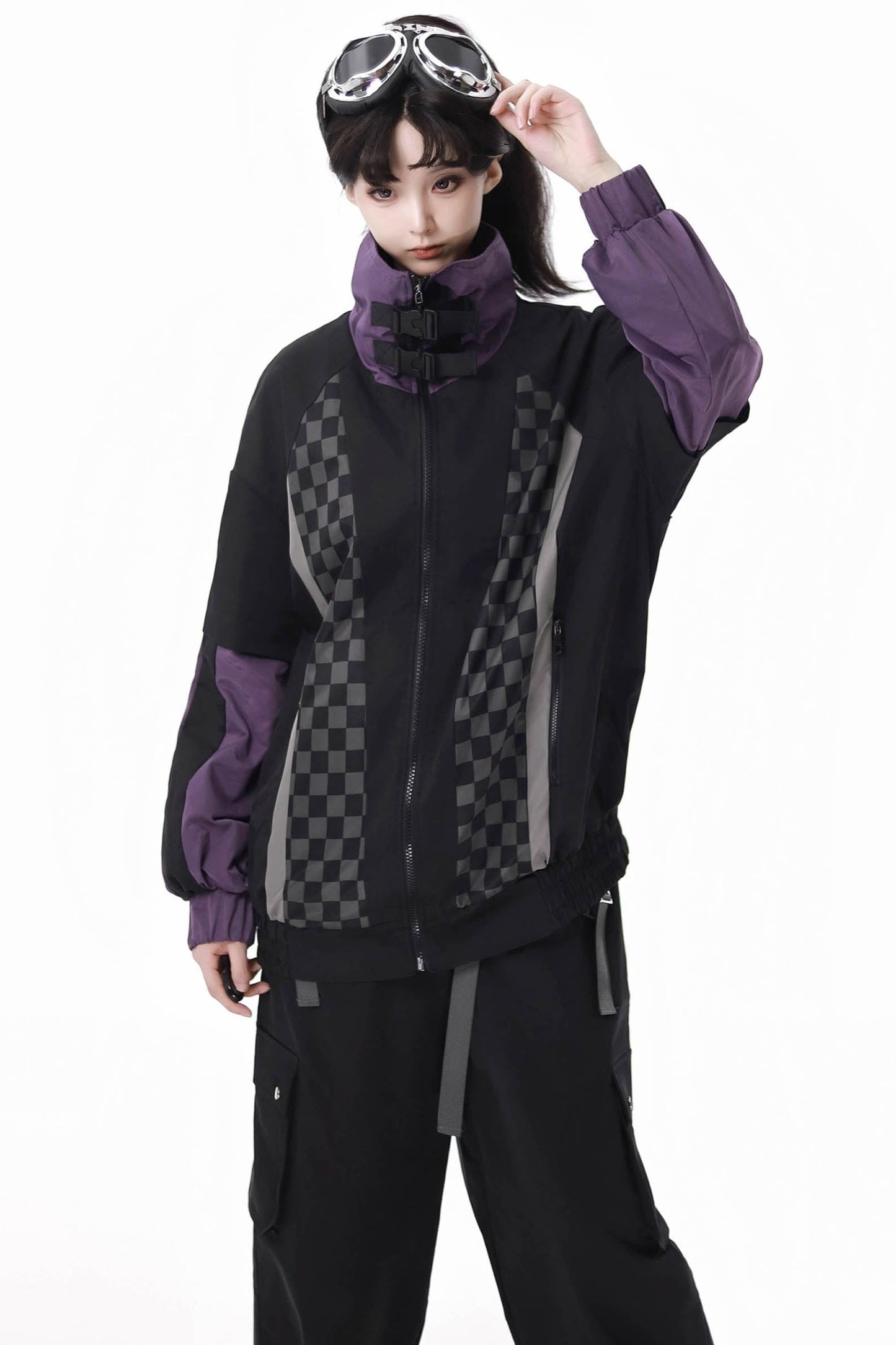 Purple Black Checker Board Work Jacket Set