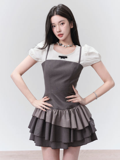 Fragileheart Fragile Shop Gray wears a salty and sweet grey lace patchwork suspender princess dress