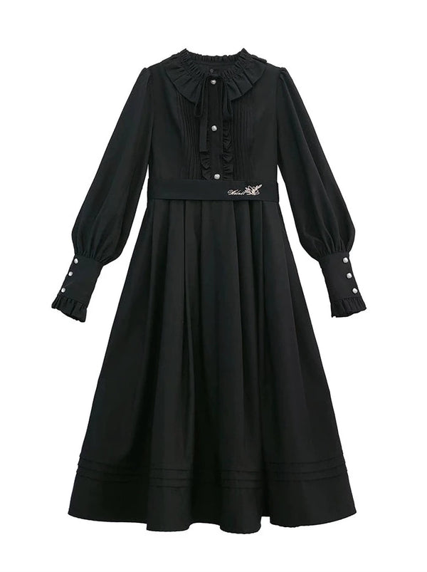 レトロエレガントスーツレッドショートジャケット＋ブラックフリルランタンスリーブドレス＋リボンタイ