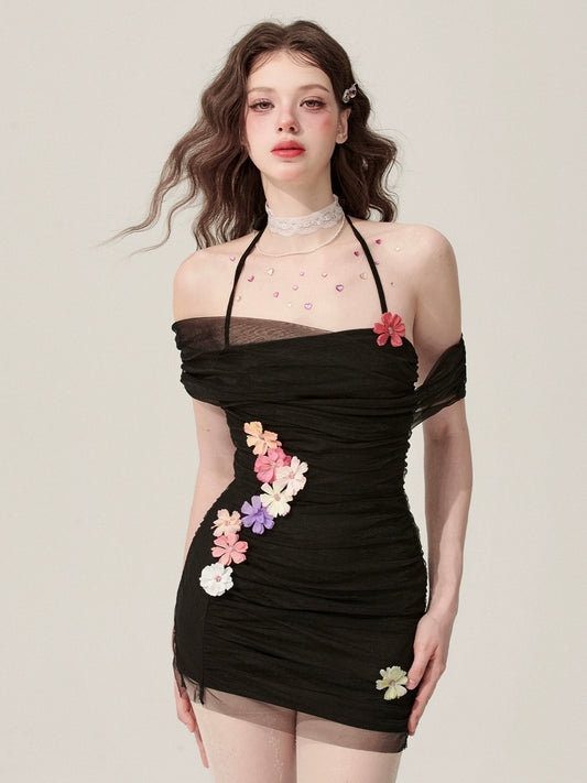 [31 mai à 20 heures en vente] less eyes blazing rose sea black halterneck floral sleeveless dress summer