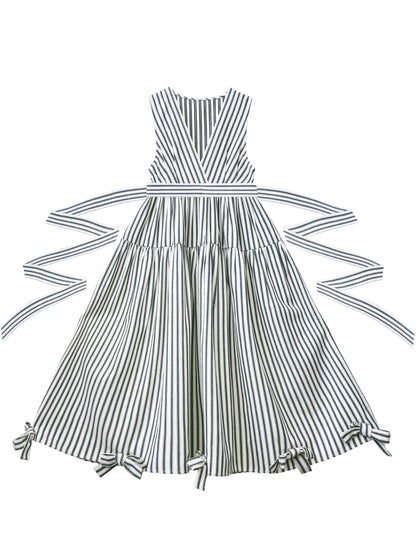 French Retro Ribbon Shirt + Striped V-Neck Ribbon Dress