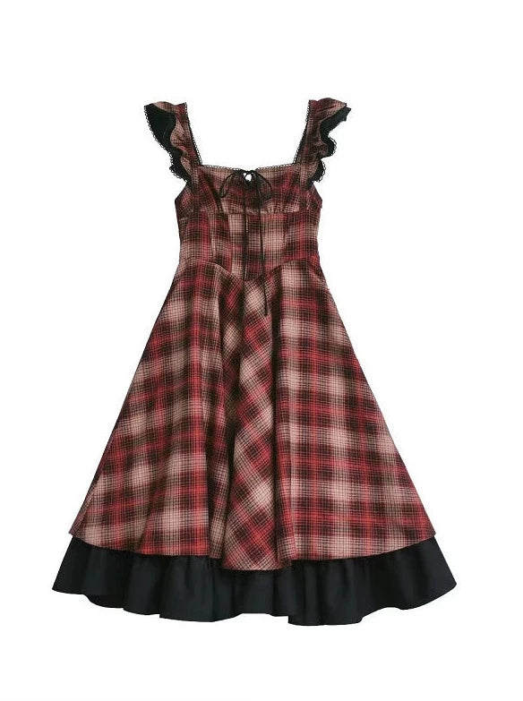 Retro Elegant Suit Black Ruffle Sleeve Shirt + Check Ruffle Shoulder Layered Dress + Ribbon Accessories [Reserved Item].