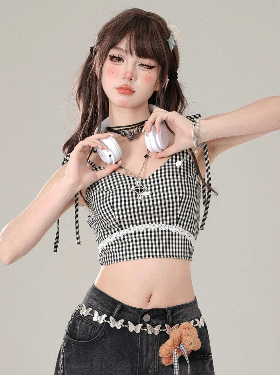 Berry Cheese Check Bow Shoulder Short Camisole