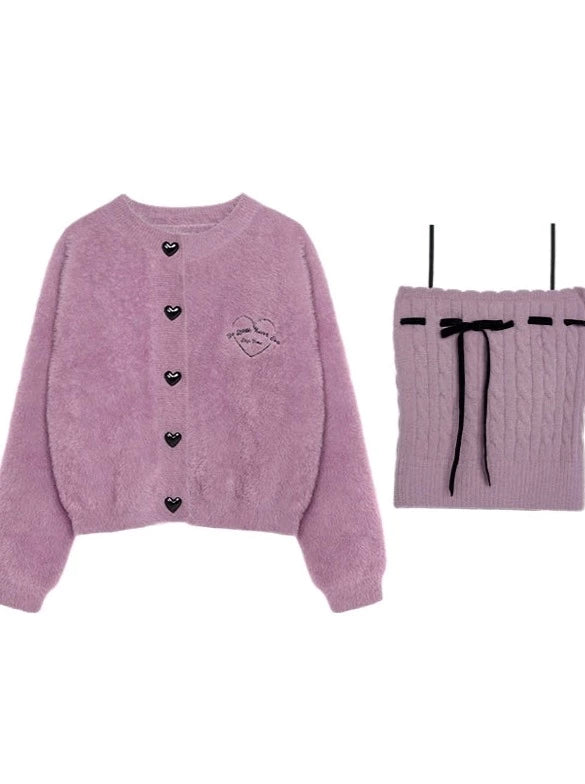 Strawberry toffee fur love button cardigan + tight camisole