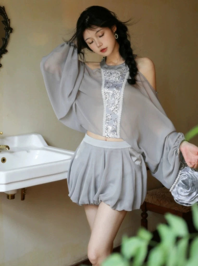 Four catties of homemade dream mantle iris grey chiffon high-grade cold sense light round neck loose top and bottom pants two-piece set