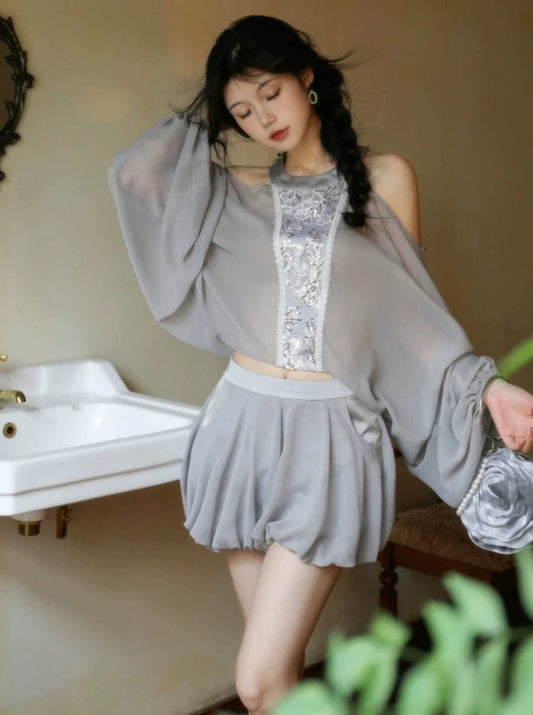 Four catties of homemade dream mantle iris gray chiffon high-grade cold sense light round neck loose top and bottom pants two-piece set