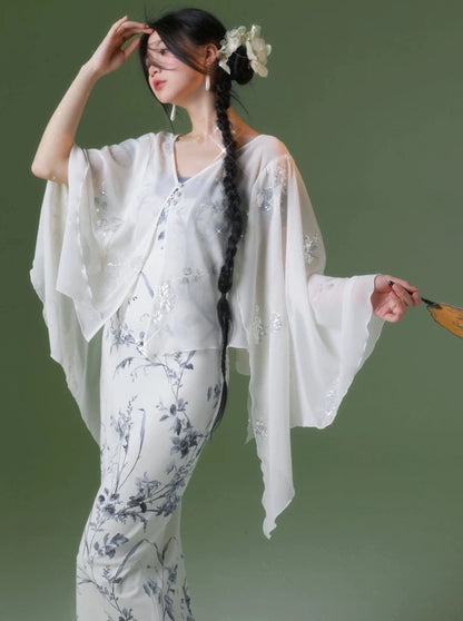 Four catties of homemade Linglai jacket fairy light and thin, original innovative Chinese chiffon sequin embroidered cardigan shawl