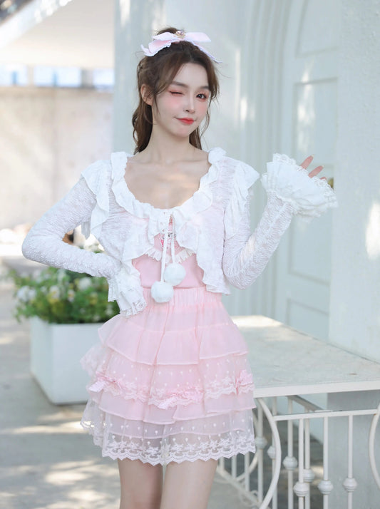Princess Lolita bow tie hairball cake fungus side loose cut-out lace cardigan sun protection short jacket