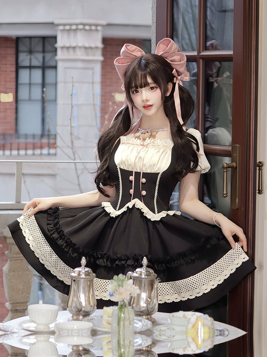 甜心 OP] withpuji 原创设计黑色粉色假两件短袖 OP 夏季萝莉装