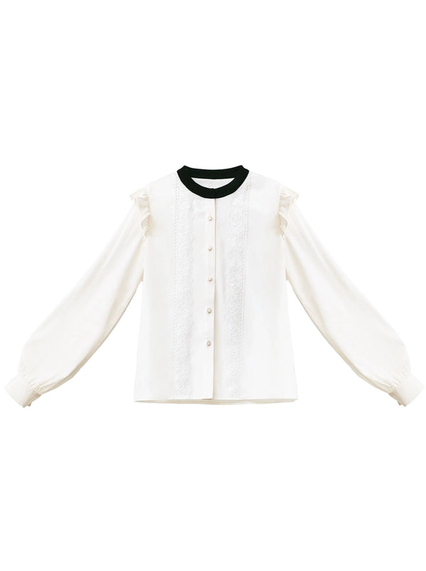 Elegant College Retro Lace Ruffle Shoulder Shirt + Pleated Suspender Layered Dress + Ribbon Accessories