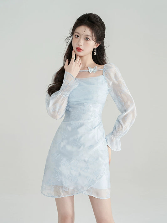 Blue French Square Neck Chiffon Dress Women's Long Sleeve Spring New Temperament Gentle Wind Embroidery Waist A-line Skirt