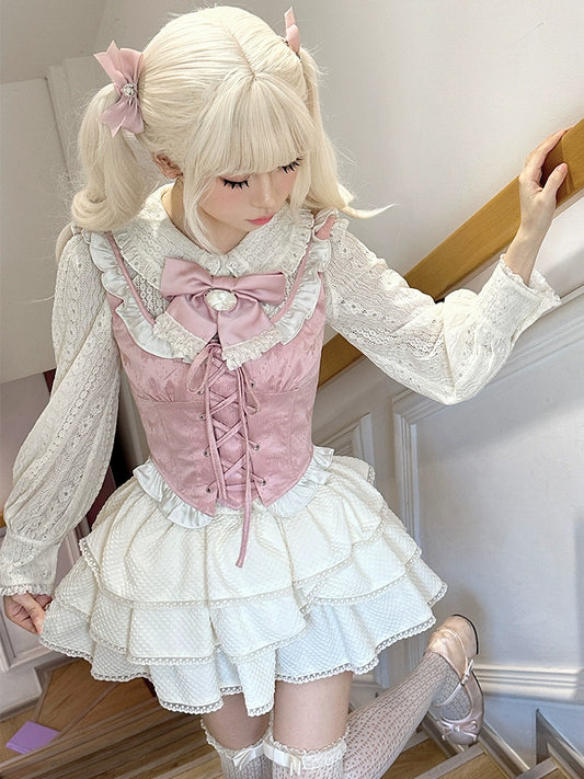 Spring New] Ochaya Frei Girl Pink Princess Dress Milk Sweet Spice Girl Cake Skirt Set