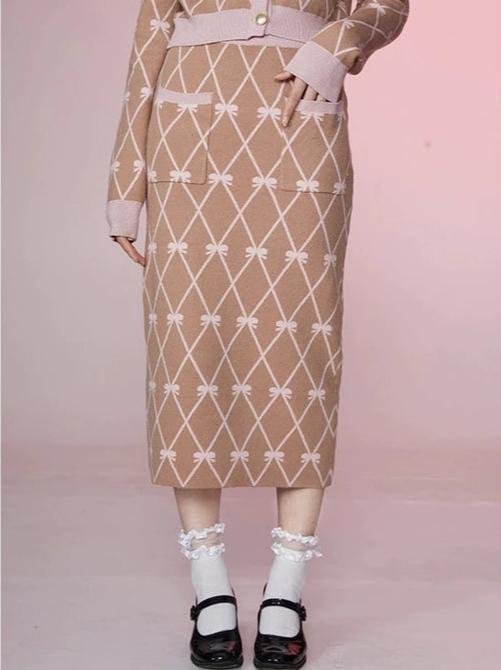 ニットリボンカーディガントップ＋スカートガーリースーツ