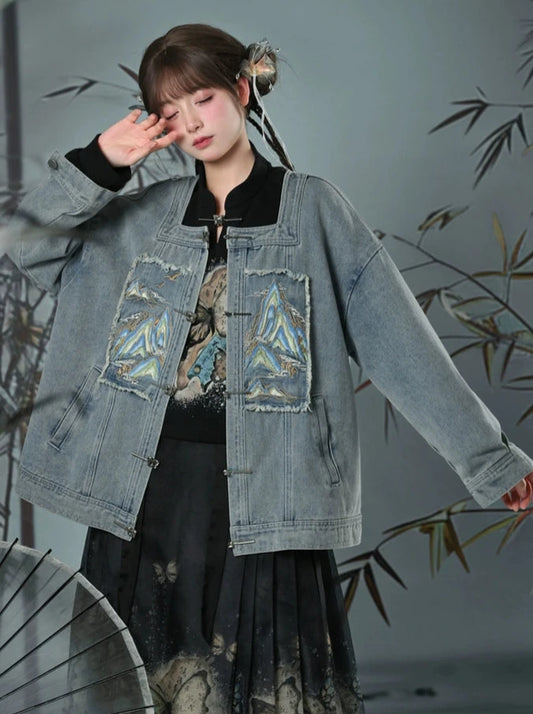 Thousands of miles of rivers and mountains series New Chinese style detachable false collar two-wear denim jacket couple forest girl tribe original