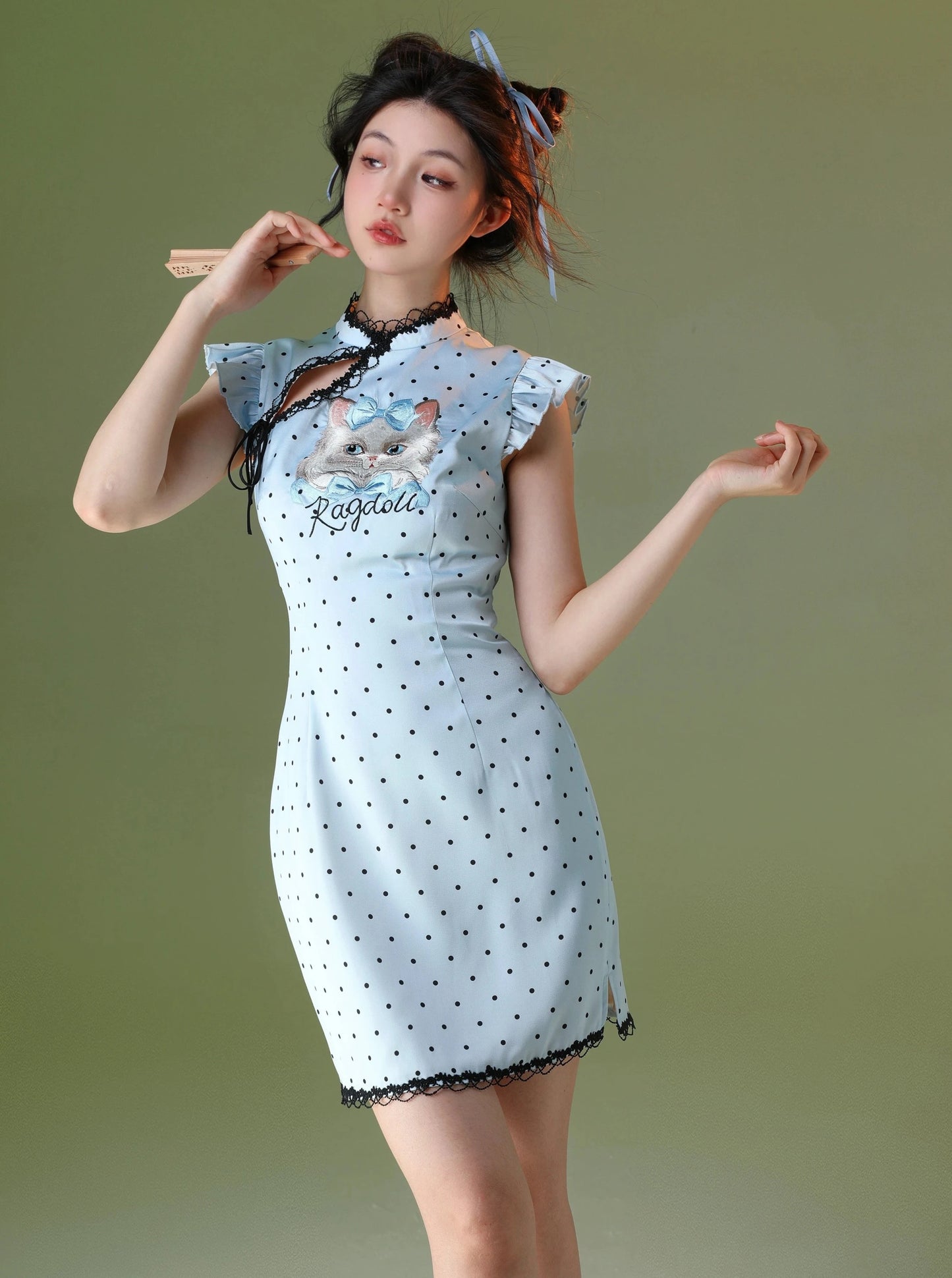 四斤自制圆点小猫对襟短袖原创刺绣可爱女孩改良新款中式旗袍长裙