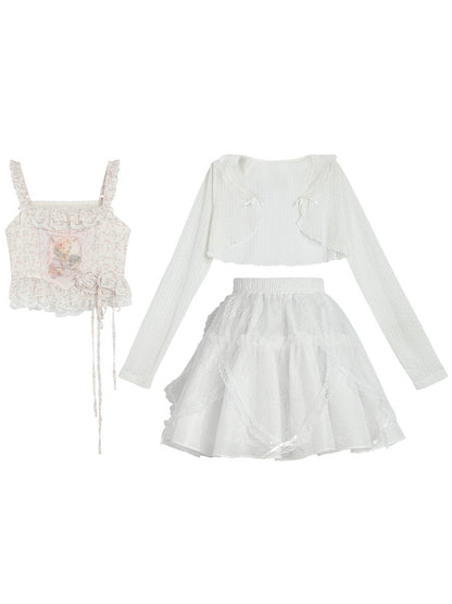 Fairy Tale Princess Floral Camisole + Lace Short Jacket + Tutu Skirt