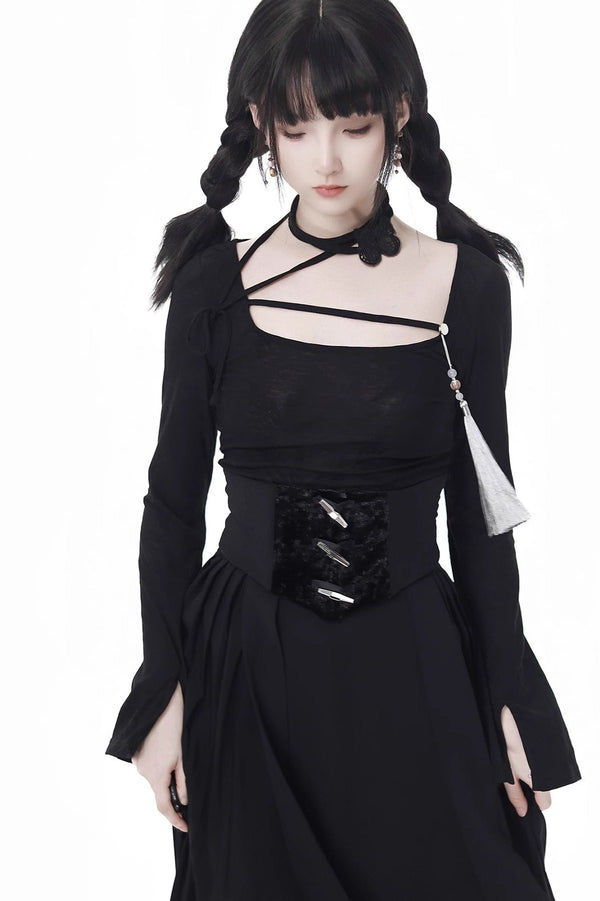 タッセルバックルロングスリーブスリムドレスセット