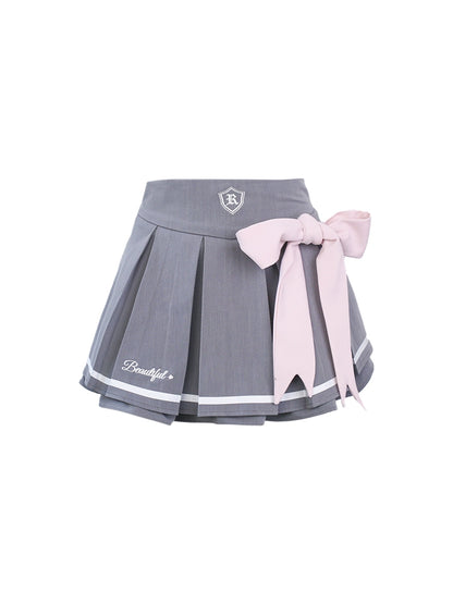 Sweet Stripe Shirt + Vest + Big Bow Pleated Skirt