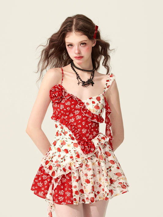 [May 31st at 20 o'clock on sale] less eye rose fantasy red stitching floral design dress summer