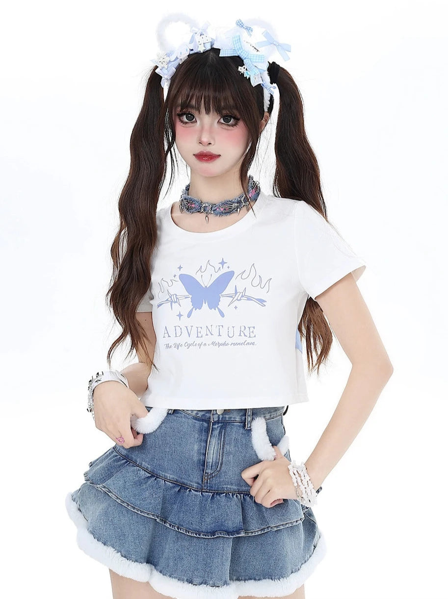 Butterfly Dream Back Ribbon Slim Short T-Shirt