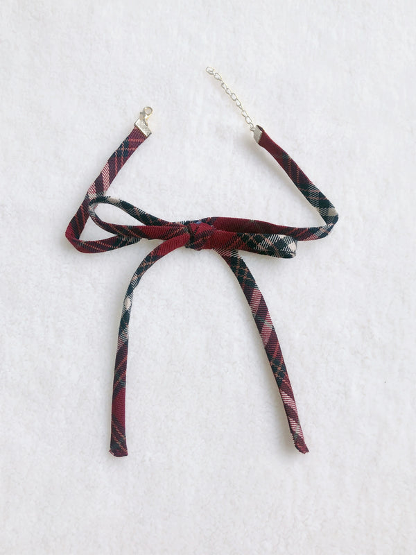 スコティッシュレッドチェックパフスリーブケーキドレス＋チョーカーリボン＋パフィーパンツ