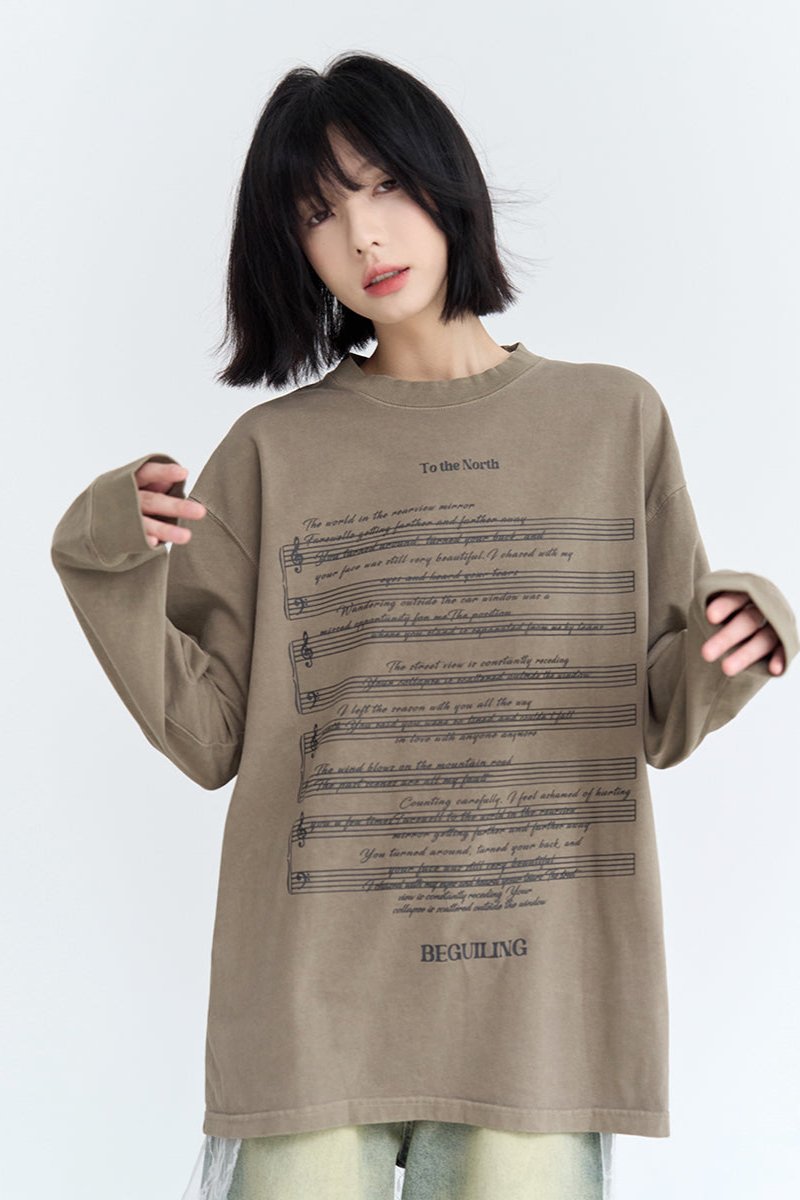 Music Note Print Long Sleeve Tops