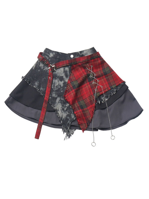 ロックガールショートトップス+チェックキャミソール+チェックスカート