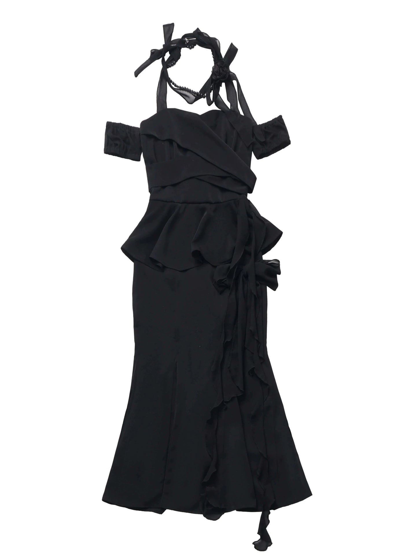 サマーアイランドレッドブラックホルターネックパールフラワーマーメイドドレス