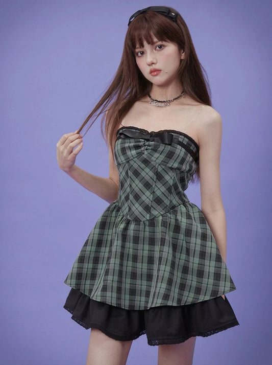 Wizard Green Check Bow Tube Top Dress