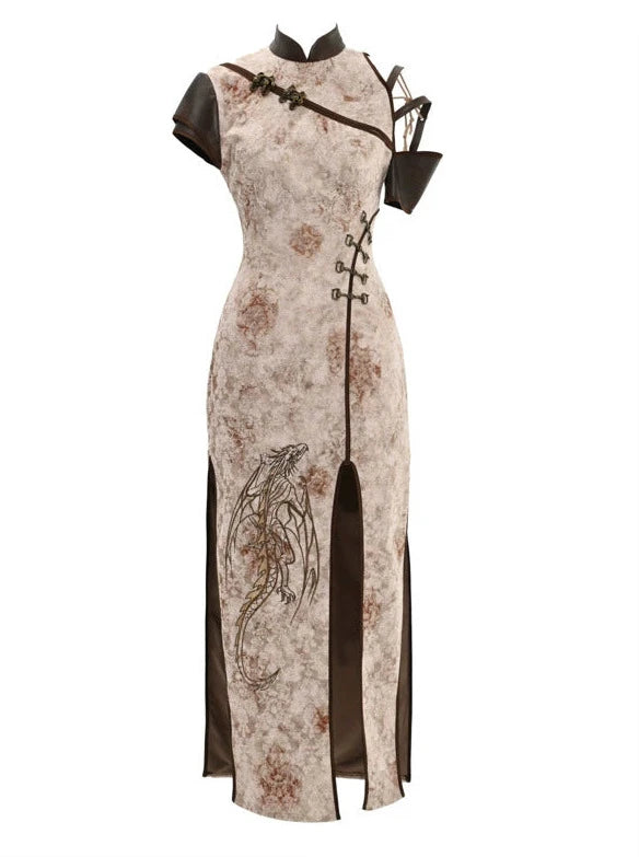 Retro Punk Strapless Dragon Embroidery China Slit Dress