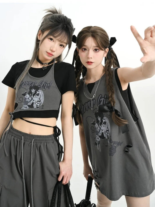 The original design of the forest girl tribe is trendy and cool, and the Y2K style girlfriend T-shirt is printed with comic print, sweet and spicy sleeveless vest, summer style