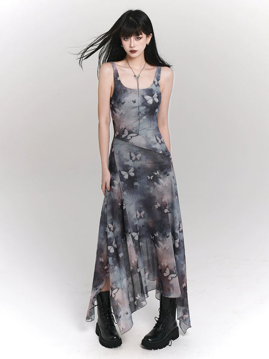 Ghost Girl, Stunning Mesh Ink Butterfly Slip Dress Woman, Skirt Atmosphere Suitable for Taking Pictures by the Sea
