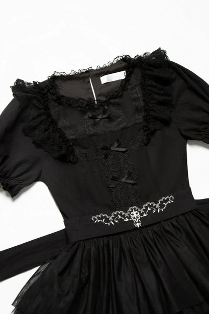 Dark Black Lolita Dress + Inner + Suspender Dress + Veil + Hairband + Belt + Sleeves