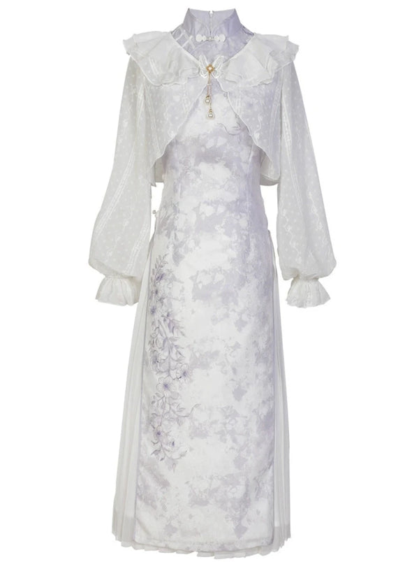 Light Purple Flower Chinese Dress + Ruffled Sheer Cardigan