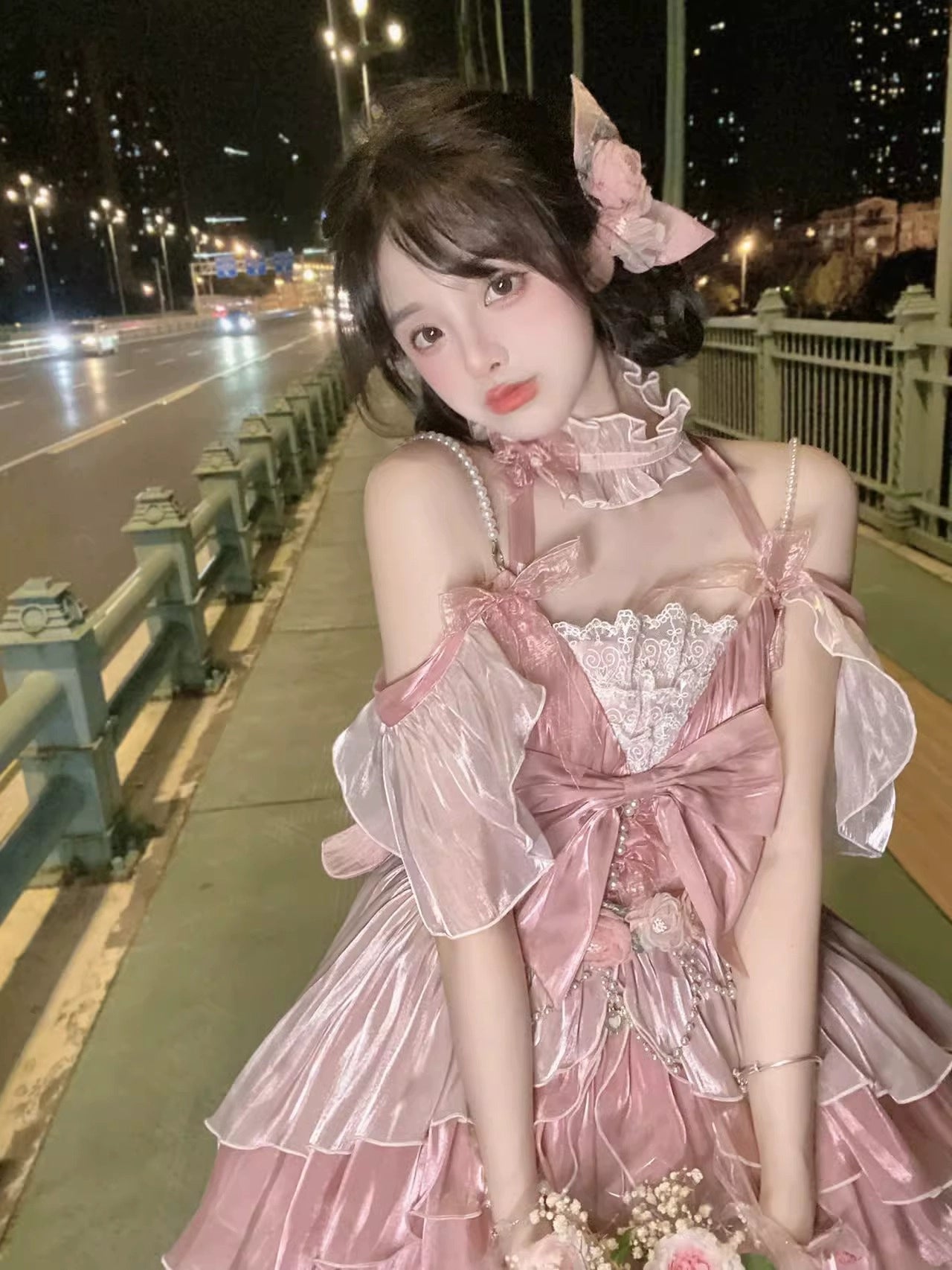 ピンクフラワーエレガントフェアリーフラッフィープリンセスドレス ピンクフラワーエレガントフェアリーフラッフィープリンセスドレス