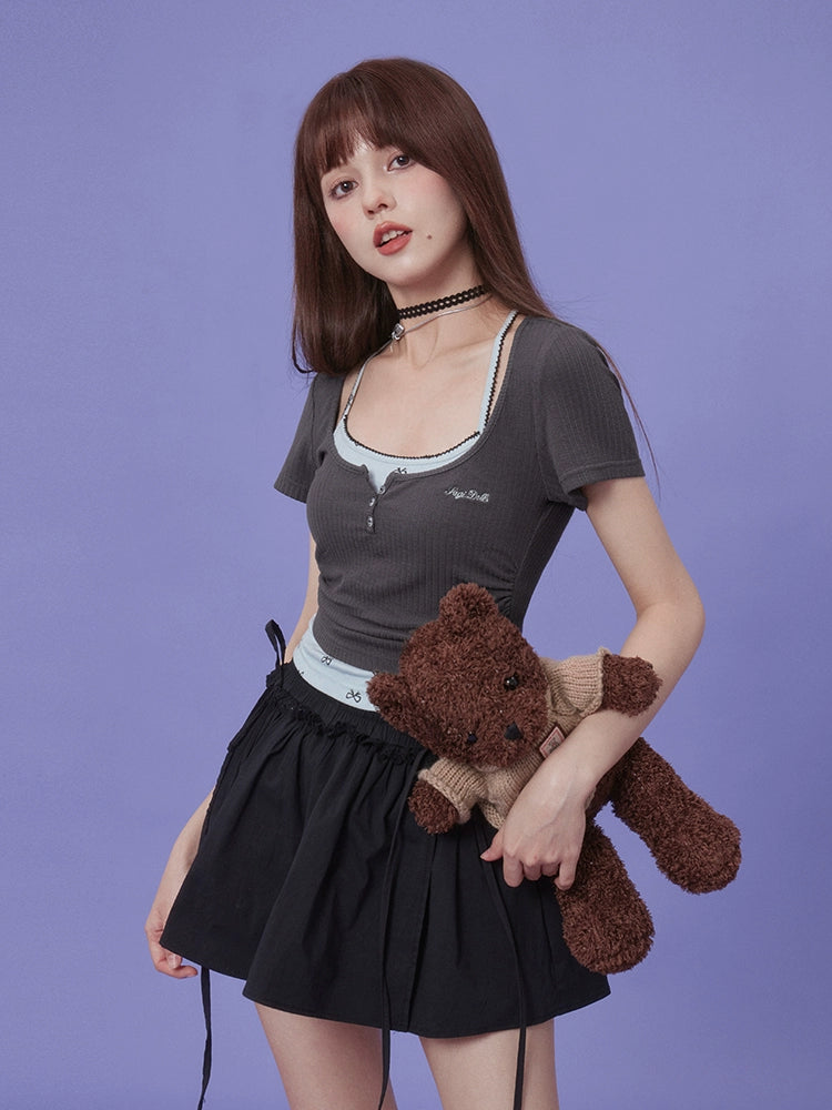 SagiDolls Girly Fighting Spirit Dark Bow Lace-up Structured Tuffy Culottes Versatile Age-Reducing College Summer