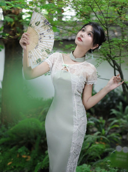 Four catties of homemade Classic Qingli original fresh plain satin summer and autumn new Chinese style improved cheongsam dress