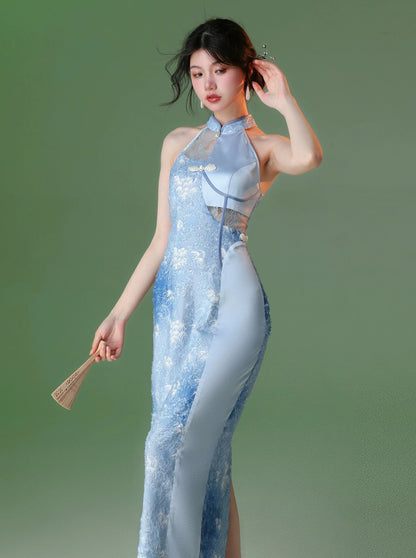 Four catties of homemade Bingyun original new Chinese blend dye fill-in-the-blank blue satin 2024 new improved cheongsam long skirt