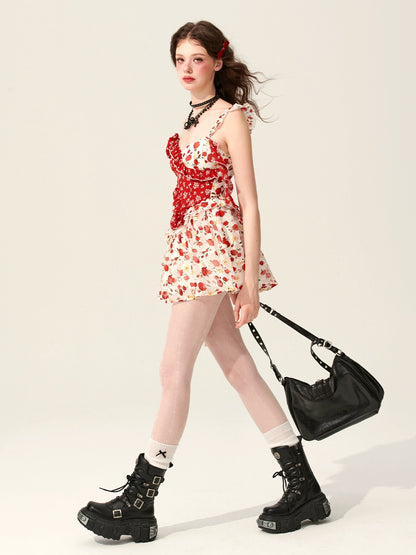 [5 月 31 日 20 点发售] 少眼玫瑰梦幻红色拼接碎花设计连衣裙夏装