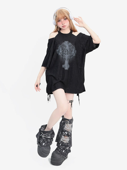 [New 95% off] cat wishes original [thorns freedom] off-the-shoulder Abbi wasteland punk hole long T 桖夏