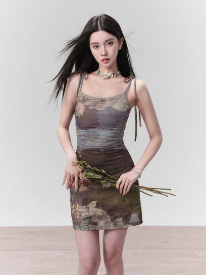 [Spot] Fragile Shop, Falling Dream, Retro Printed Oil Painting Skirt, Slim Knitted Slip Dress