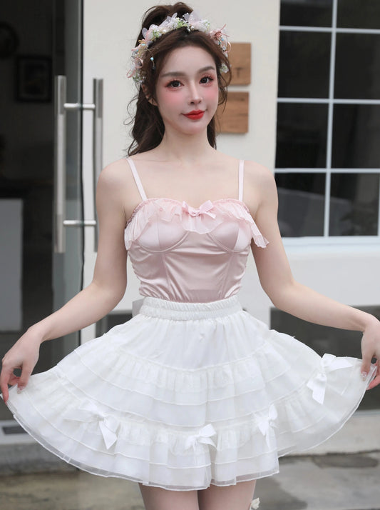 Swan Lake Ballet Girl's Bow Fungus Lace Slim Slim Thin Crop Top with Chest Pad Suspender Back