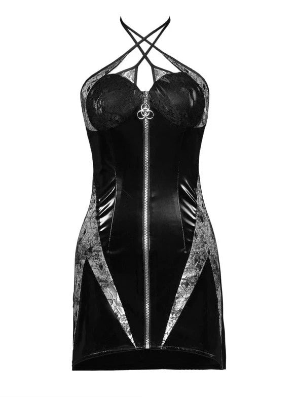 Punk Halter Neck PU Slim Suspender Zip Dress Suit