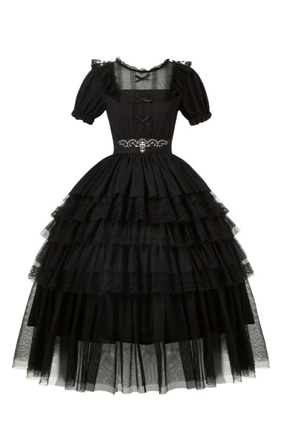 Dark Black Lolita Dress + Inner + Suspender Dress + Veil + Hairband + Belt + Sleeves