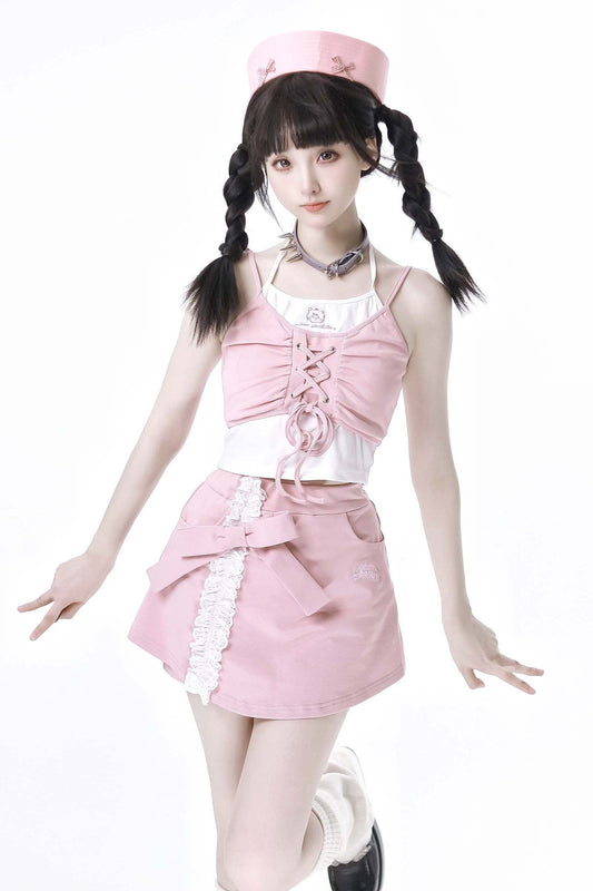 パウダーブルーサスペンダーカーディガンスカートセットアップ