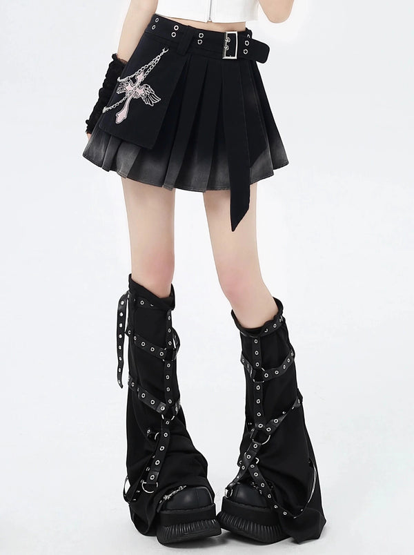 Bee Chain Punk Gradient Denim High Waist Skirt