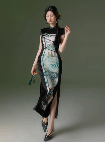 Quatre chattes de bambou et papillons de style national original conception artistique faux deux nouvelles texture chinoise modifié cheongsam long jupes