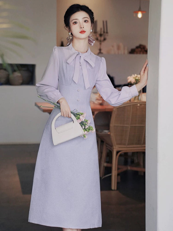 Retro Sheer Bow Purple Dress