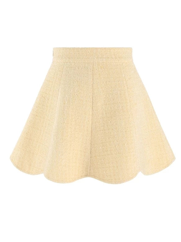 Pastel yellow ribbon collar short jacket + flared skirt